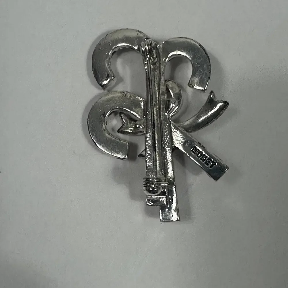 Monet Red and Silver Toned Christmas Candy Cane Brooch with‎ Clear CZ